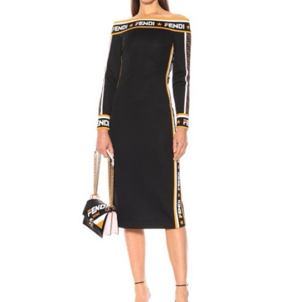 Fendi Long Sleeve Black Dress with Logo Details